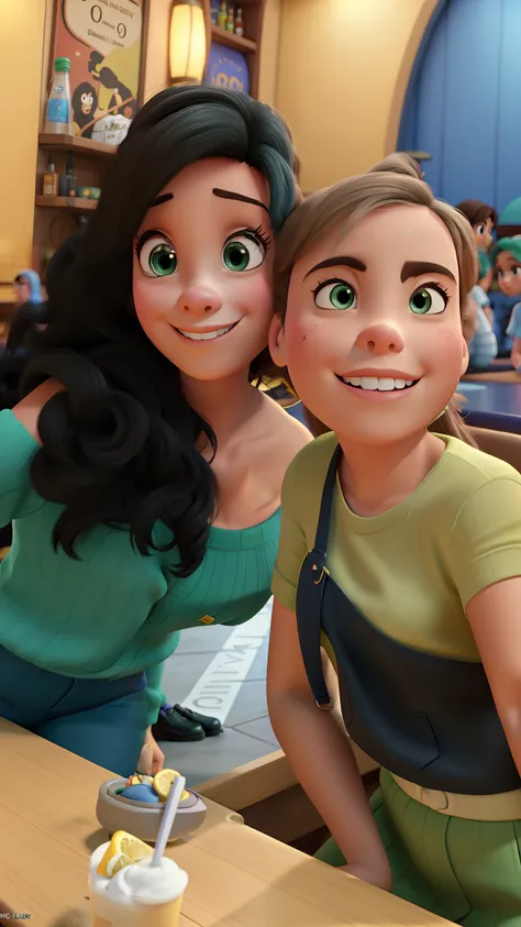 Amigas no estilo Disney Pixar na mesa do bar, em um noite, alta qualidade