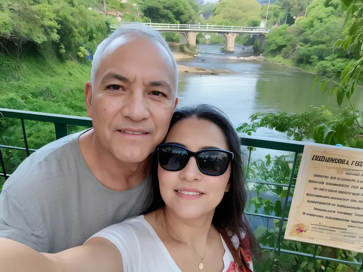 They are posing for a photograph by the river with a bridge in the background, homem e mulher, Foto selfie 8k, holiday photography, com um parque ao fundo, Parque em segundo plano, fotografia, In Sao Paulo, cerca de 3 5 anos, em uma ponte, Homens de 40 ano...