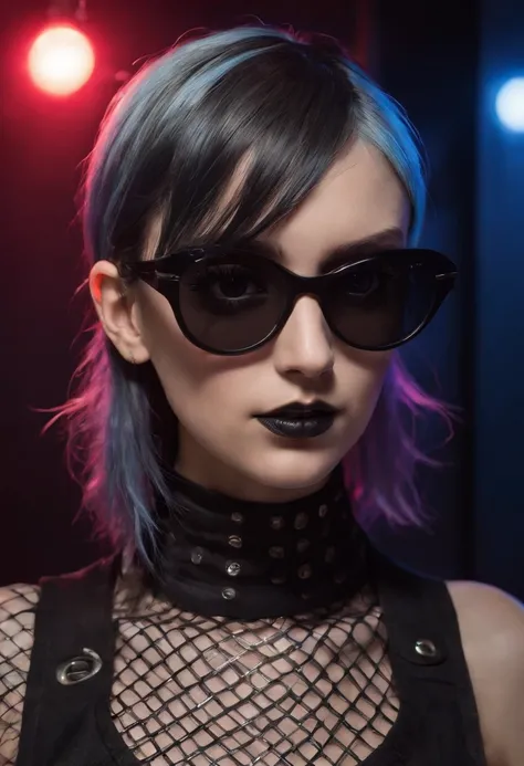 Punk woman with sunglasses wearing a black fishnet top posing for a photo in a club at night, night club lights, black make-up, techno aesthetic, techno fashion, neon lights, ultra detailed, masterpiece.