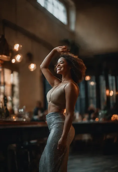 photo of a (slim thick) woman dancing on the dancefloor, smiling and dancing, nice ass, wide hips, slim waist, dim club background, high resolution, dramatic cinematic lighting