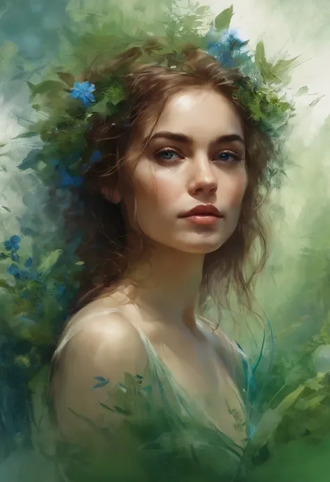 menina feliz, Centrado, looking at the camera, Approaching perfection, Dynamic, (tons de azul e ((verde floresta 1.5)))), altamente detalhado, pintura digital, Art Station, arte conceitual, liso, foco nítido, illustration, arte de Carne Griffiths e Wadim K...