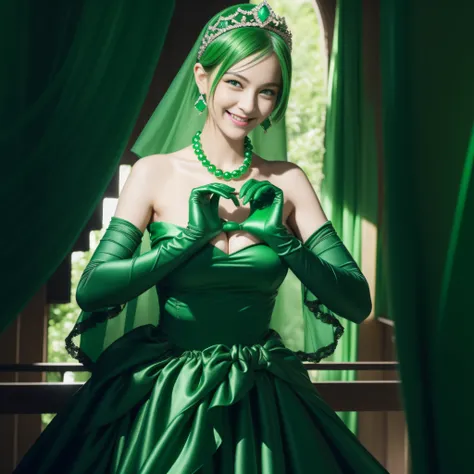 emerald tiara, Green Pearl Necklace, Boyish very short green hair, lipsticks, Japan woman smiling, very short short hair,  big breasts beautiful, Green eyes, Long green gloves made of satin material, Green eyes, Emerald Earrings, green vale, Heart with bot...