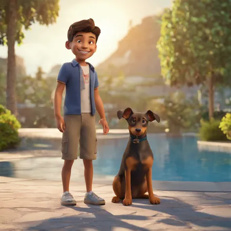 Lucas is a smiling 23-year-old human boy, com seu fiel amigo, Bolt, o cachorro pinscher deitados no jardim