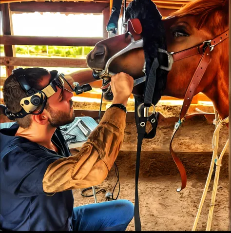 Pixarstyle A waist-length portrait of a 30-year-old man in surgical pajamas doing dental work on a horse, hiperrealista, com muitos detalhes