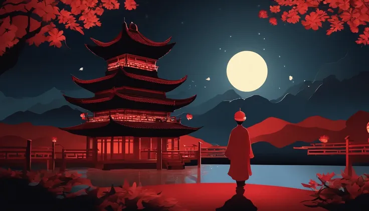 Dream of a butterfly, Flat Paper Cutout，Red background。(Best Quality,4K,8K,hight resolution,masutepiece:1.2),Ultra-detailed,Realistic:1.37,Traditional Japan Art Style,Moonlit landscape,Moonlight silhouette art,Cut Paper Art,Layer effects,Projected shadows,...