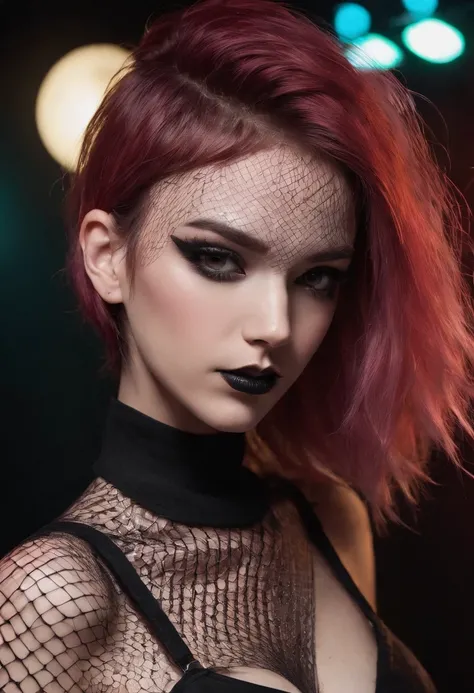 Punk woman wearing a black fishnet top posing for a photo in a club at night, night club lights, black make-up, techno aesthetic, techno fashion, neon lights, ultra detailed, masterpiece.