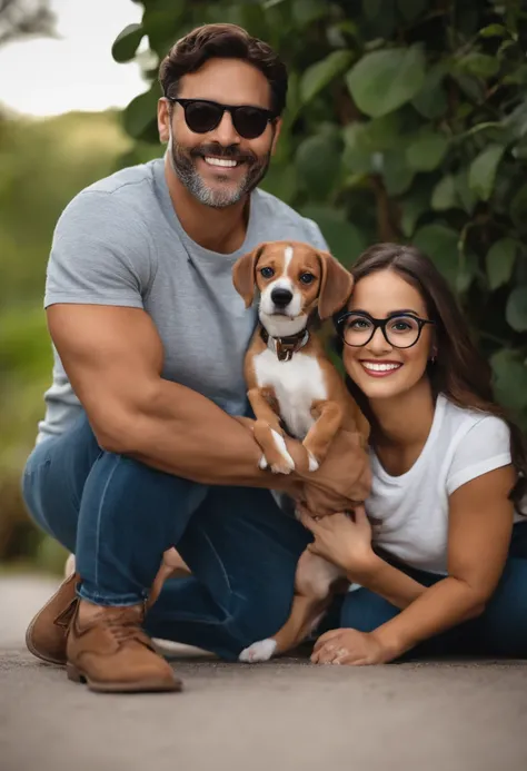 Pixar. Casal com um filhote de cachorro beagle marrom. A menina tem os cabelos loiros amarrados, Camiseta cinza e jeans claro, white glasses. O menino de cabelos pretos com cabelos grisalhos, barba pequena, oculos, Dark blue jeans and gray t-shirt. They ar...