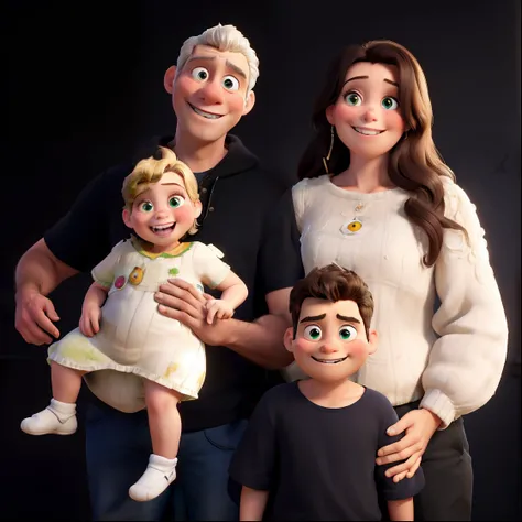 Obra-prima ao estilo Disney/Pixar in high quality and high resolution. a Disney Pixar movie poster showing a white-skinned family. The father is strong , calvo na entrada do cabelo , sem barba, cabelo preto,com sorriso sem mostrar os dentes  olho castanho ...