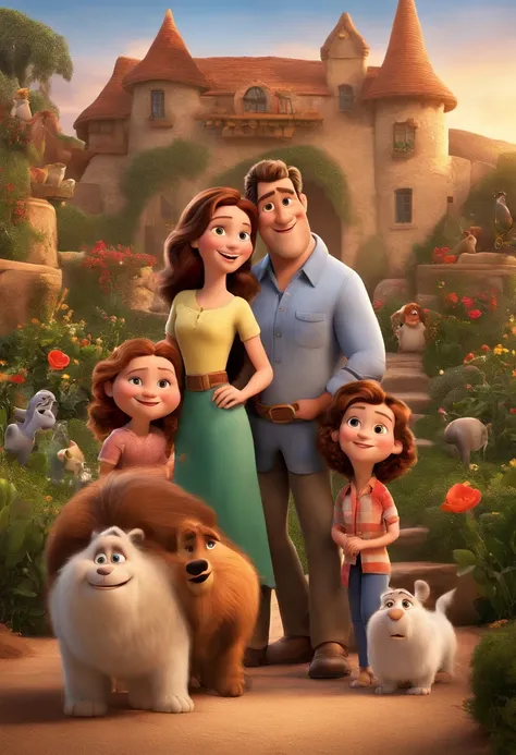 a Disney Pixar movie poster showing a white-skinned family. The father is the tallest, Tem barba curta, loiro, cabelos curtos e espinhosos. The mother has brown eyes and hair, shoulder-length and is slightly overweight. A menina tem 4 anos e cabelos castan...