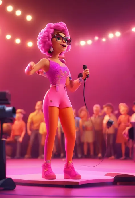 Estilo Pixar: cantora, sem cabelos, pink jumpsuit, microphone in hand, sobretudo laranja, no palco, with lights and audience in the audience