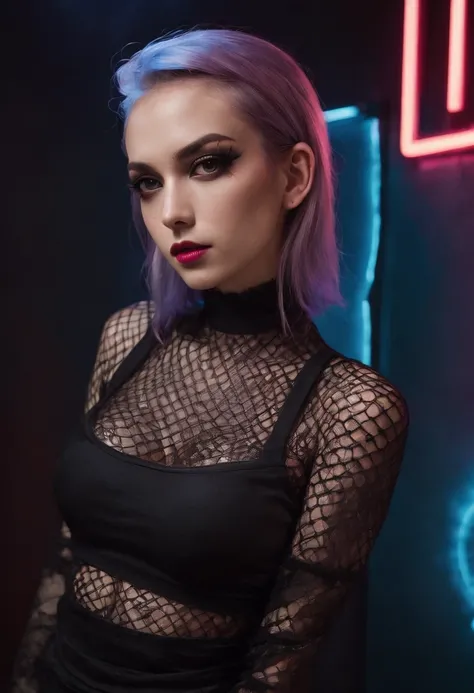 Punk woman wearing a black fishnet top posing for a photo in a club at night, night club lights, black make-up, techno aesthetic, techno fashion, neon lights, ultra detailed, masterpiece.