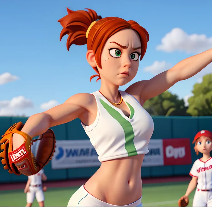 Masterpiece, (watercolor:1.3), (short stack:1.1), forward facing, eyes on camera, serious expression, (action shot:1.4) , (upper body strength:1.3), contrapposto (tattoo:1), softball pitcher, auburn hair, green eyes, (string bikini:1), pitching a softball ...