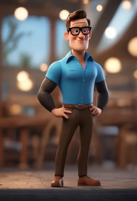 Cartoon character of a man with black glasses and a blue shirt, animation character, Caractere estilizado, animation style rendering, 3D estilizado, Arnold Maya render, 3 d render stylized, toon render keyshot, Personagem 3D, Personagem 3D, 3d rendering st...