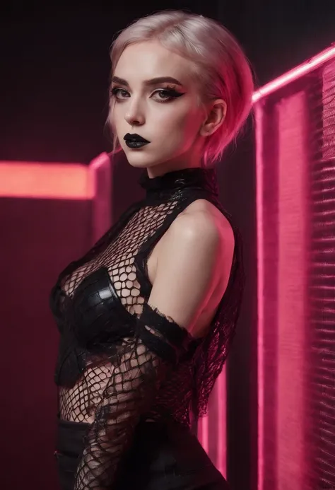 Punk woman wearing a black fishnet top posing for a photo in a club at night, night club lights, black make-up, techno aesthetic, techno fashion, neon lights, ultra detailed, masterpiece.