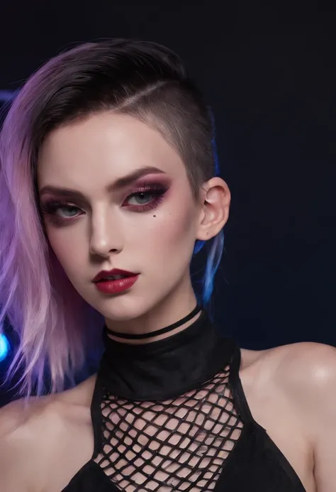 Punk woman wearing a black fishnet top posing for a photo in a club at night, night club lights, black make-up, techno aesthetic, techno fashion, neon lights, ultra detailed, masterpiece.