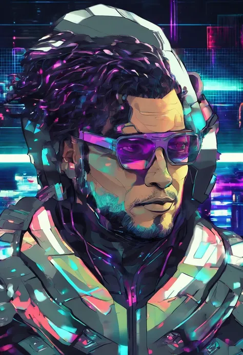 Sci-Fi Realistic Curvy Man in Armor, cabelo pretos, de jaqueta preta. and black glasses. Com idade de 30 anos, com barba preta, meio gordinho