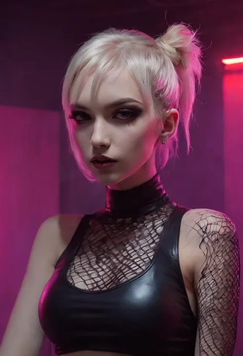 Punk woman wearing a black fishnet top posing for a photo in a club at night, night club lights, black make-up, techno aesthetic, techno fashion, neon lights, ultra detailed, masterpiece.