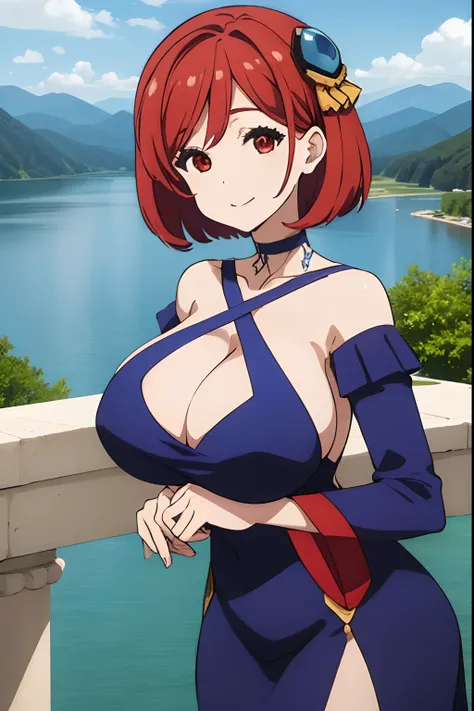 Huge tits, temple ruins, (best quality), (masterpiece), ariadoa, short hair, red hair, red eyes, hair ornament, blue dress, cleavage, large breasts, choker, blue halterneck, blue criss-cross halter, looking at viewer, smiling, lake, mountain,