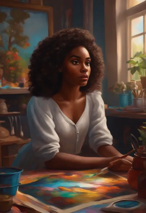 Capa de filme estilo Disney, uma menina preta com olhos castanhos, Dark skin and curly hair working painting pictures and an art studio in the background