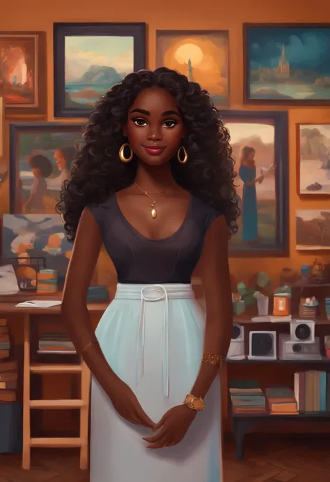 Capa de filme estilo Disney, uma menina preta com olhos castanhos, Dark skin and curly hair working painting pictures and an art studio in the background