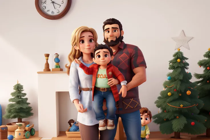 Mulher loira segurando no colo um bebe pequeno menino com pouco cabelo e loiro e camisa de trem, homem cabelo curto castalho claro, barba na cor castanho escuro, tema natalino de fundo no estilo Disney pixar melhor qualidade, maior qualidade, 8k