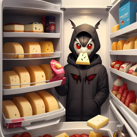 Mothman eating cheese in front of an open refrigerator