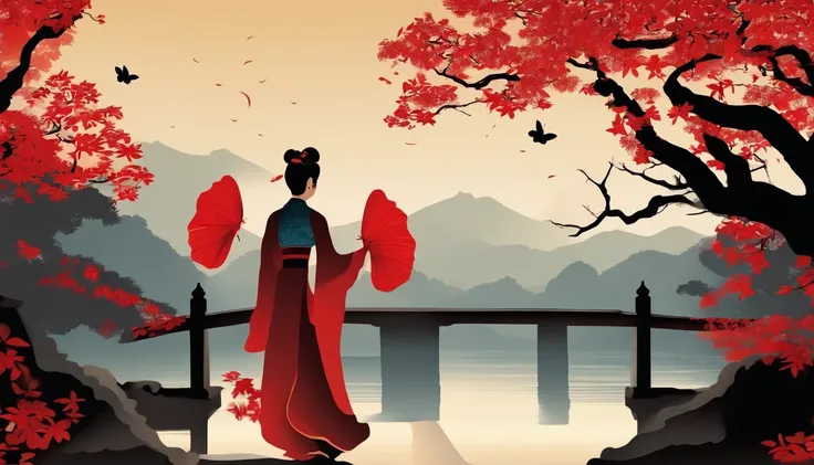 Boys and girls staring at each other, Dream of a butterfly, Flat Paper Cutout，Red background。(Best Quality,4K,8K,hight resolution,masutepiece:1.2),Ultra-detailed,Realistic:1.37,Traditional Performing Arts of Japan,Moonlit landscape,Moonlight silhouette art...