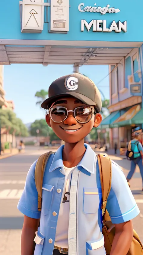 Young black man in photo wearing sunglasses, cap and backpack on a sightseeing tour in Diamantina. Sorrindo e de camisa cinza e cabelo curto. Com bigode e sem barba