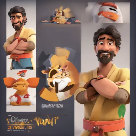 Crie um cartaz inspirado na Disney Pixar com personagem de 21 anos, robusto, Black hair and goatee and wide smile Jiu-Jitsu fighter brown belt