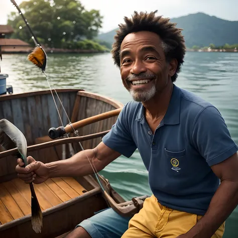 Crie uma arte no estilo pixar de um jovem, homem brasileiro de pele clara na casa dos 40 anos, com cabelo curto preto ondulado, um pouco arredondado, rosto sem barba, Small eyes and a happy expression, Hes on a boat fishing with a fishing rod