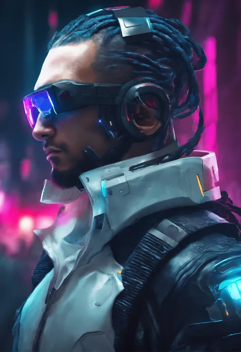 Sci-Fi Realistic Curvy Man white in Armor,calcasiano , cabelo pretos, de jaqueta preta. and black glasses. Com idade de 30 anos, com barba preta, meio gordinho, detalhado,