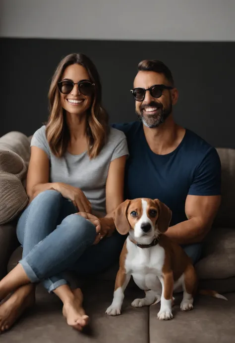 Pixar. Casal com um filhote de cachorro beagle marrom. A menina tem os cabelos loiros amarrados, Camiseta cinza e jeans claro, white glasses. O menino de cabelos pretos com cabelos grisalhos, barba pequena, oculos, Dark blue jeans and gray t-shirt. They ar...