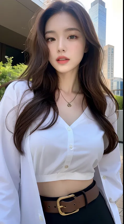 (Best quality, High resolution, Masterpiece :1.3), A tall and pretty woman, Slender abs, Dark brown hair styled in loose waves, Breasts, Wearing pendant, White button up shirt, Belt, Black skirt, (Modern architecture in background), Details exquisitely ren...