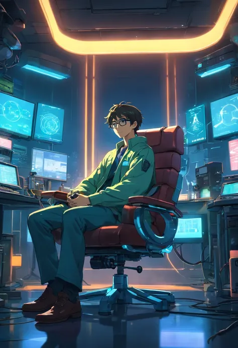 .RAW, wide angle, A man in a dark lab sitting in a chair from the future wears glasses., Pele negra avermelhada, laboratory, hardware, Ambiente Luminoso, neon light, ((cyberpunk))