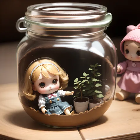 There is a small doll in a small jar、Its a cute pose.