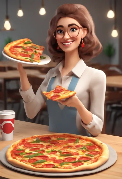 Smiling woman sitting at a table with a pizza and a cup of coffee, comer uma pizza margherita, delicioso, comer pizza, segurando uma pizza, comer uma pizza, segurando pizza, segurando uma pizza grande!!!, mastigando pizza, a pizza tem um grande cornicione,...