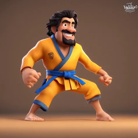 Crie um cartaz inspirado na Disney Pixar com personagem de 21 anos, robusto, Black hair and goatee and wide smile Jiu-Jitsu fighter brown belt