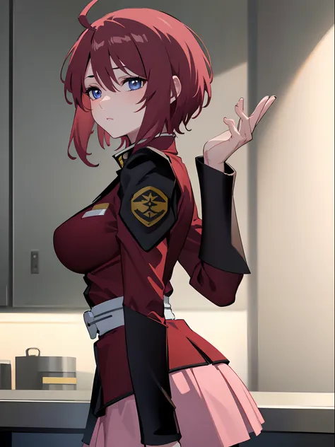 ((masterpiece)), ((best quality)), ((ultra detailed)), 8K, 16K, detailed beautiful face, detailed beautiful eyes, sl1, 1girl, short hair, red hair, ahoge, long sleeves, military uniform, pink skirt, large breasts, expressionless, hands front, laboratorium,...