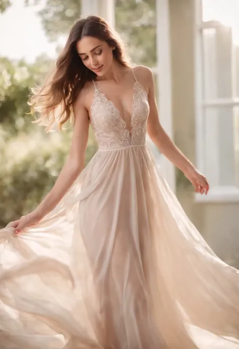 NSFW, Gorgeous young model wearing flowy sheer gown, her body clearly visible through her see-through clothing, beautiful natural morning light, smiling, joyous, twirling