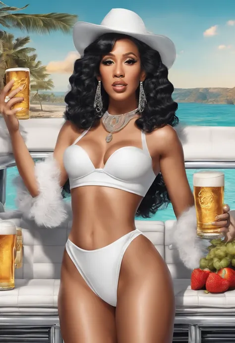 cardi b mixed with loren jordan, spreading legs in bikini, drinking beer, in white off the shoulder dress, long wig lace frontal with edges, straight face