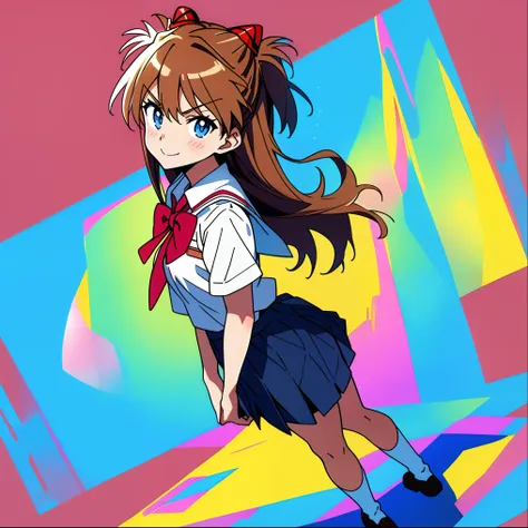 Niji style, masterpiece, best quality,solo, souryuu asuka langley,standing, v-shaped eyebrows,lookind at viewer,colorful, bright colors,school uniform,skirt,socks,anime coloring,1girl, from the side,long hair, breasts, bangs, blue eyes,brown hair