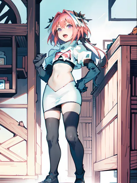 absurdres, masterpiece, best quality, (astolfo fate:1.2155), 1boy, male focus, trap, pink multicolored hair, pink hair, white hair, hair intakes, long hair, pink detailed eyes, crossdressing,1boy,team rocket,team rocket uniform,white skirt,crop top,black t...