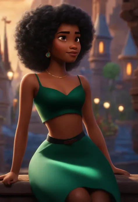 Um filme inspirado na Disney Pixar (MENINA NEGRA JOVEM COM CABELO LONGO CACHEADO PRETO) dentro A cena estar na arte distinta do estilo PIXAR, descolada e estilosa