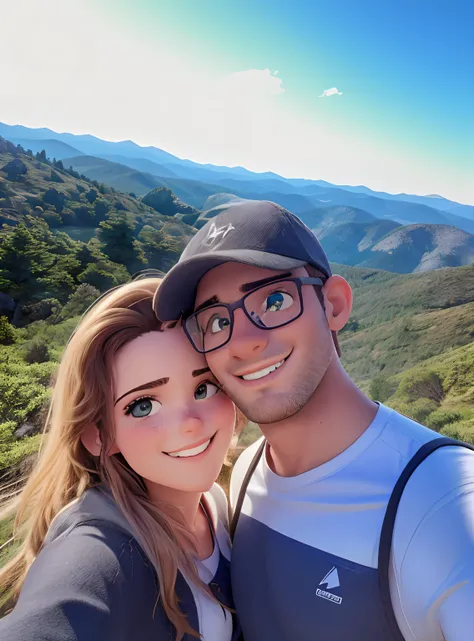 Casal apaixonado tirando selfie nas montanhas, olhos detalhados, fotorrealista, Detailed cap