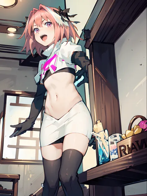 absurdres, masterpiece, best quality, (astolfo fate:1.2155), 1boy, male focus, trap, pink multicolored hair, pink hair, white hair, hair intakes, long hair, pink detailed eyes, crossdressing,1boy,team rocket,team rocket uniform,white skirt,crop top,black t...