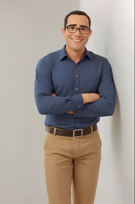 smiling man in blue shirt and tanned pants standing with arms crossed, fotografia de corpo inteiro, cristiano orrillo, foto de r...