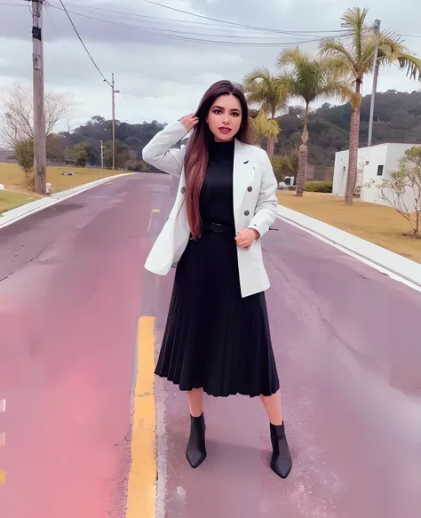 mulher arafed em um vestido preto e jaqueta branca posando para uma foto, usando jaqueta e saia, saia curta e jaqueta longa, vestido com roupas longas e fluentes, vestindo casaco preto, Directed by: Caro Niederer, vestindo uma roupa elegante, usando colete...