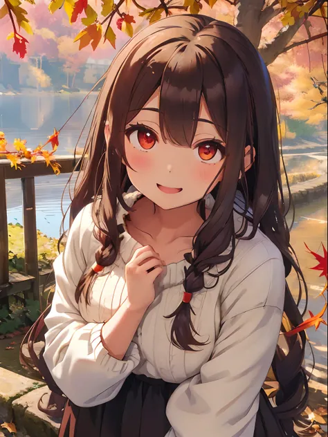 fluffy long hair,No bangs,Braids,Autumn outfit,The sleeves of the clothes are a little long,Chest wide open,Moe Sleeve,Lots of nature around the lakeside,The tree々Autumn leaves in autumn,Fruit Accessories(Grapes,muscat),Upper Eyes,Leaning forward、Take a pr...