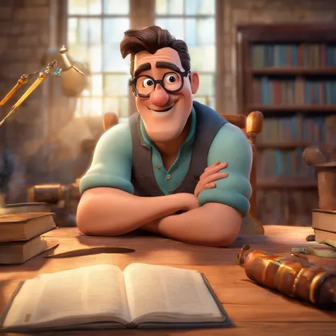 Create a Disney Pixar-inspired poster featuring the character of Pastor Rubens Janier, Un hombre de pelo gris con gafas, en una oficina con una Biblia en el escritorio