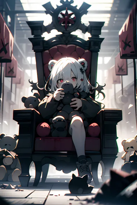 sitting in a throne、teddy bears、teddy bears、dead body、blood everywhere、blood splashing、dark hue、red hue、shinigami